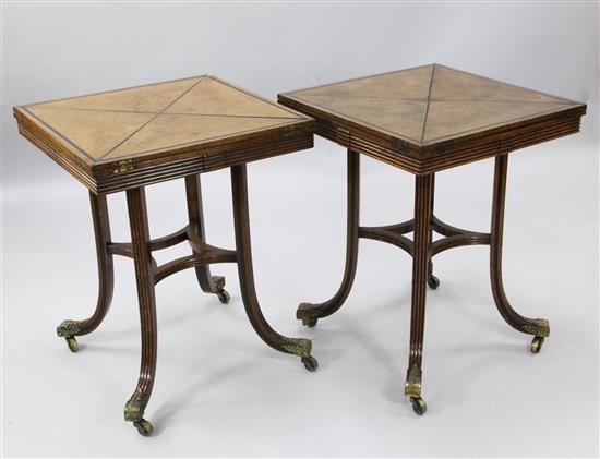 A pair of ebony strung burr walnut envelope card tables, W.1ft 11in. D.1ft 11in. H.2ft 5in.